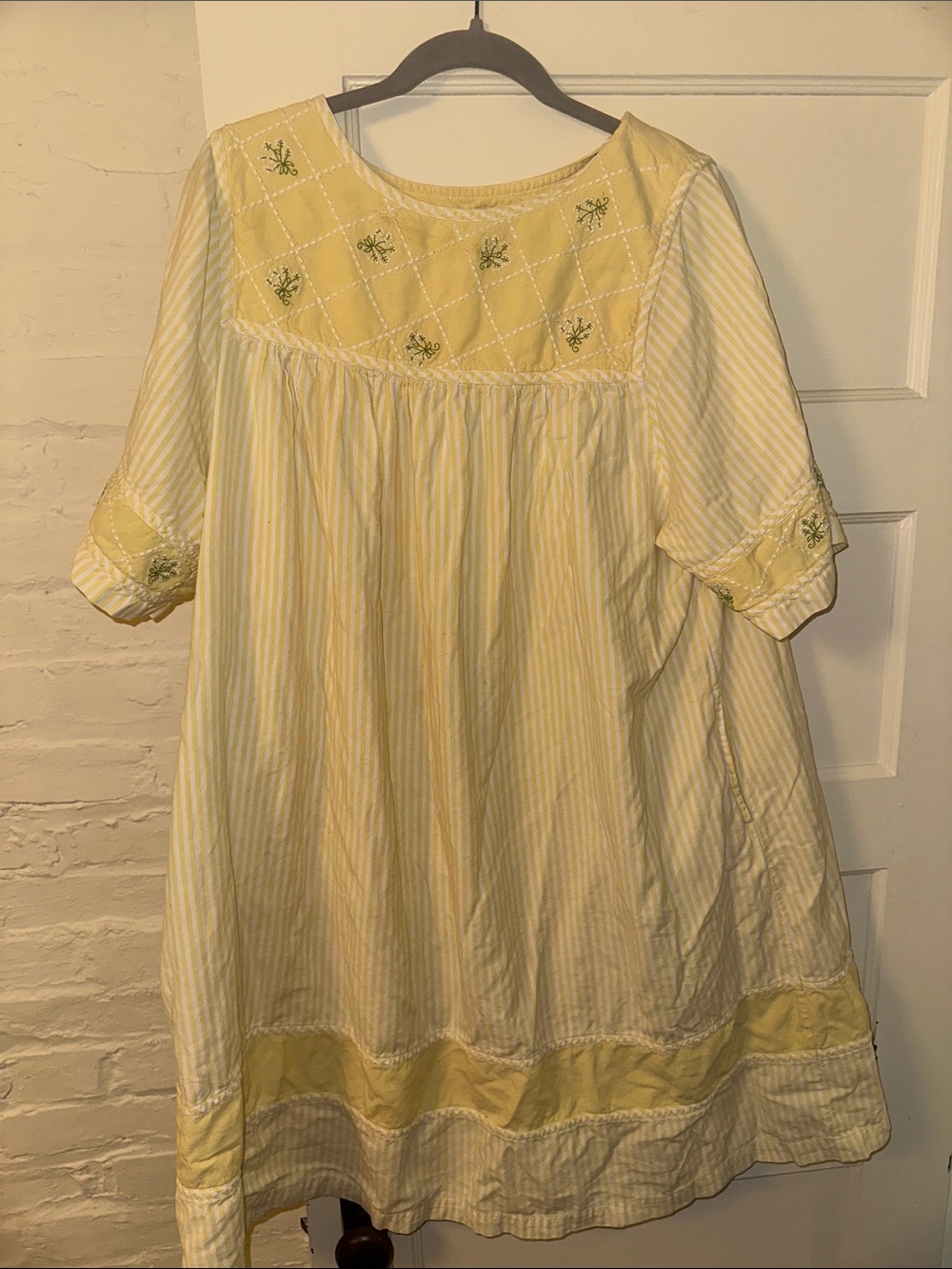 Bechamel Light Yellow Cotton dress with Green Embroidery
